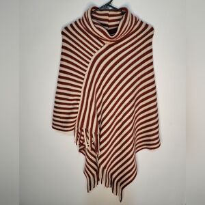 Demdaco Cowl Neck Poncho Red & Cream stripe with Fringe OS soft & cozy